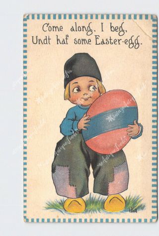 Ppc Postcard Easter Dutch Boy Holding Large Egg Wooden Shoes