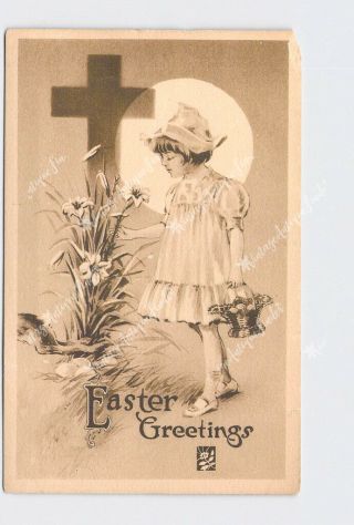 Ppc Postcard Easter Greetings Girl Looking At Lilies Following Bunny Rabbit Cros