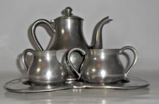 Vintage England Solid Pewter Tea Set W/ Unique Serving Platter