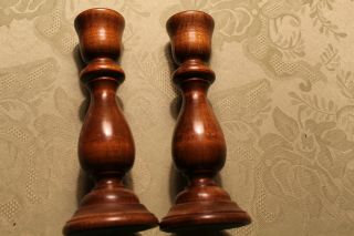 Vintage Pair Brown Wooden 6 1/2 " Candle Stick Holders W/ Brass Cups