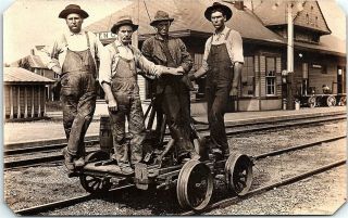 Rppc Train Station Hand Pump Cart Railroad Track Men Real Photo Postcard Clipped