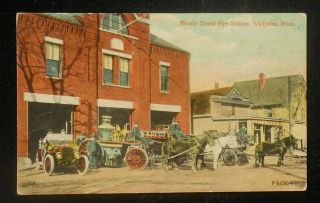 1910s Moody Street Fire Station Antique Fire Engines Horses Wagons Waltham Ma Pc
