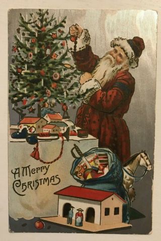 Long Red Robe Santa Claus Tree Toys Horse 1908 Silver Christmas Postcard - C451