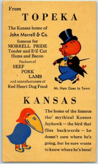 Topeka Kansas Postcard John Morrell & Co.  W/ Mr.  Ham & Kansas Jayhawk C1930s