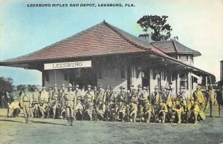 Fl 1910’s Rare Florida Troops At Railroad Depot At Leesburg,  Fla - Lake County