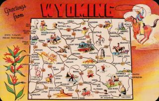 Greetings From Wyoming Vintage Map Postcard