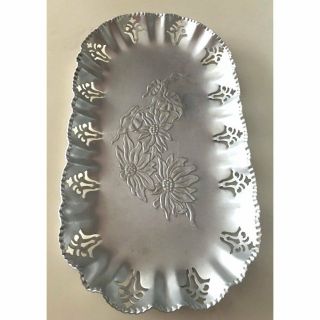 Vintage Farber & Shlevin Handwrought Aluminum Oval Tray.  Floral With Cut Outs.