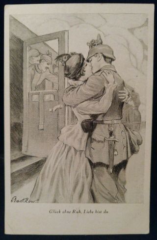 Postcard Wwi German Soldier Kissing Girlfriend Goodbye Romance Drawing