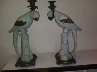 Antique White Porcelain Parrot Candleholder With Brass Accents (set Of 2)