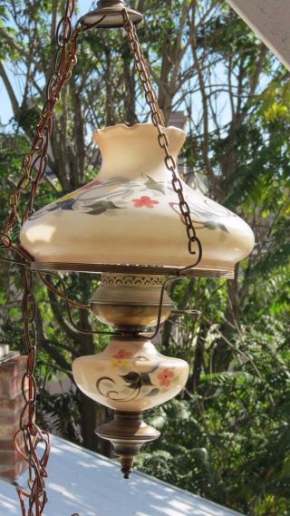 Vintage Hand Painted Floral Glass Gwtw Hurricane Parlor Hanging Lamp