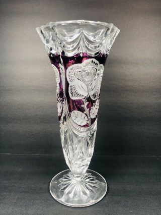 L@@k Cut Glass Clear Crystal Flower Design Bud Vase Intricate Design 10”