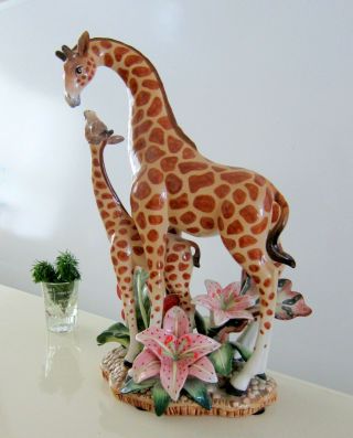 Impressive Fitz & Floyd Giraffe With Baby Tiger Lilies Figurine 15 "