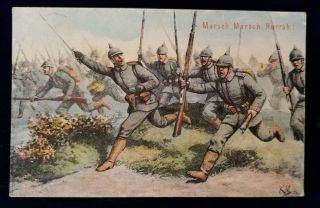 Postcard Illustrated Wwi German Soldiers Charging Into Battle Artist Signed