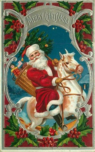 Patriotic Santa Claus On Rocking Horse With Flag Toys Christmas Postcard - K356