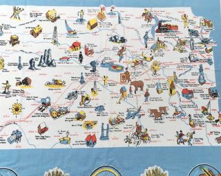 1961 - Vintage Kansas Tablecloth - Map Of Kansas - Centennial Sunflowers Wheat