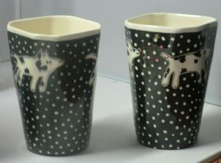Two Vintage Tom Hatton Ceramic Black & White Polka Dot Dog Tumblers