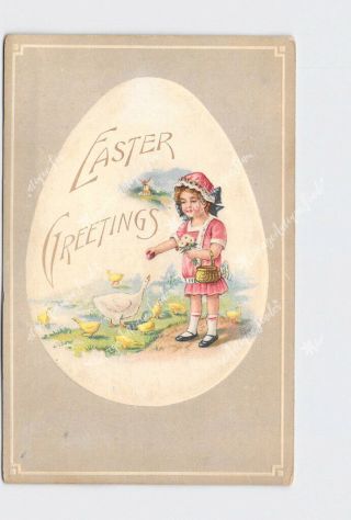 Ppc Postcard Easter Greetings Girl Feeding Duck Chicks Pint Dress Holding Flower
