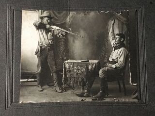 Rare Antique Cabinet Photo Card Cowboy W Rifle Pointing Old Photograph Gun