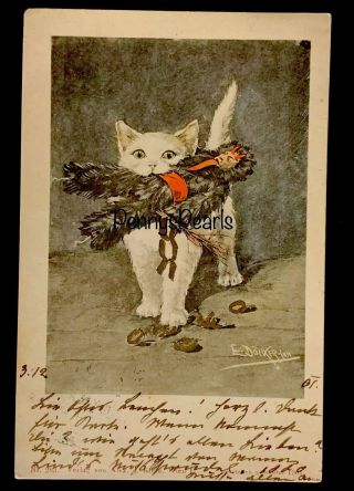 Vintage C 1915 French Postcard Krampus In Cat’s Mouth Christmas German Artist