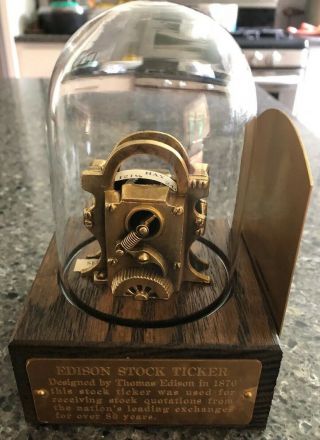 Vintage Thomas Edison Stock Ticker Glass Dome Brass Plate Bookend Wall Street