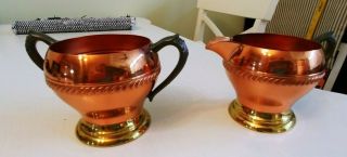 Vintage Solid Copper Open Sugar Bowl And Creamer
