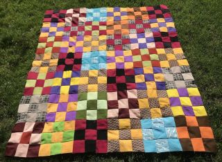 Vtg Quilt Top Handmade Bright Nine Patch Polyester 76 " X 64 " Mcm