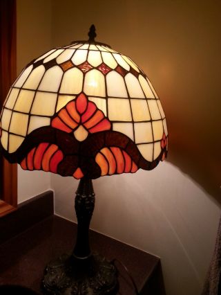 Tall Tiffany Style Stained Glass Table Lamp Orange,  Brown,  White Glass