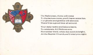 Old Vintage Postcard Very Rare Halloween Invite To Baptist Church Poem