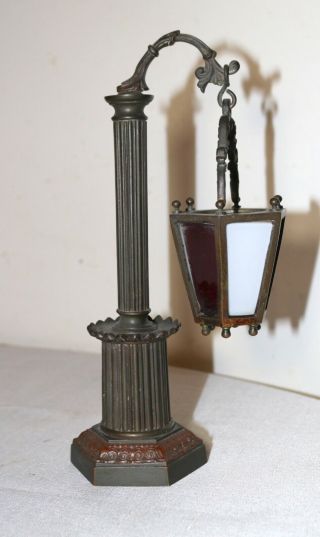 Antique 1800s Ornate Bronze Stained Glass Candle Holder Light Pole Stand Lantern