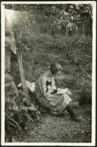 Young Woman Reading A Book Outside With Her Cat Vintage Photo