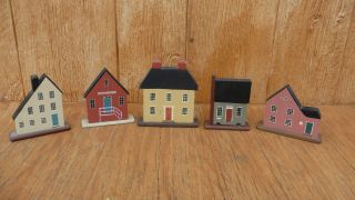 (5) Wooden Village Buildings Houses Shelf Sitters Collectibles