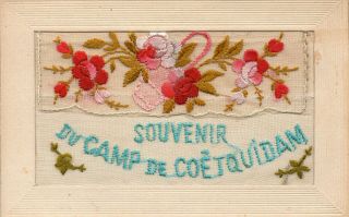 Rare: Souvenir De Camp De Coetquidan: 1942: Ww2 Embroidered Silk Postcard