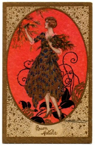 Merry Christmas Buon Natale Woman Gold T.  Corbella Artist Signed Postcard