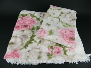 Vintage 1960s Fieldcrest Royal Velvet Pink Rose Floral Bath & Hand Towels Usa