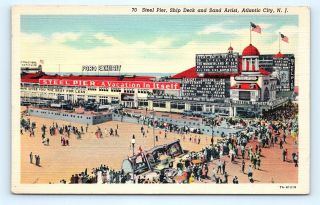Postcard Nj Atlantic City Steel Pier Ship Deck & Sand Artist Vintage Linen K14