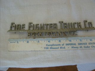 Fire Fighter Truck Co Advertising Name Plate Emblem Rock Island,  Ill Automobilia