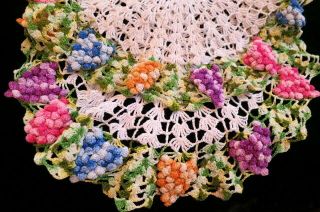 2 Exquisite Vtg Hand Crochet Centerpiece Doilies Fruit & Variegated Colors