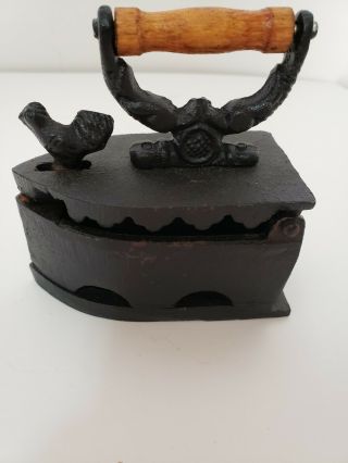 Vintage Cast Iron Trinket Box - Unique Shaped Like An Iron W/ A Rooster Latch