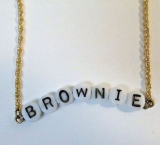 Vintage Girl Scout " Brownie " Alphabet Bead Necklace Gold Tone Chain Euc