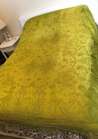 Vintage Iridescent Green Gold Bed Spread Cherubs 72x74”lightweight Fringe Ital