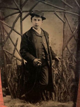 Antique Tintype Photo 1800s Handsome Young Man Smoking Cigar Globe Arizona