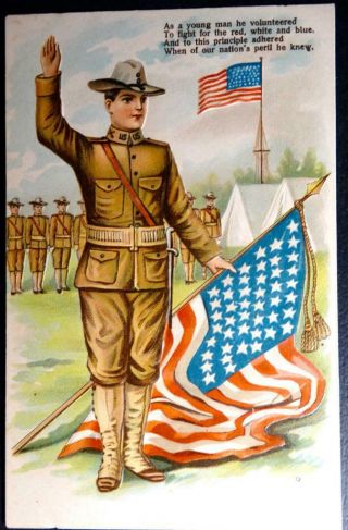 Postcard Patriotic Military Wwi Soldier Volunteer American Flag Colorful Emboss