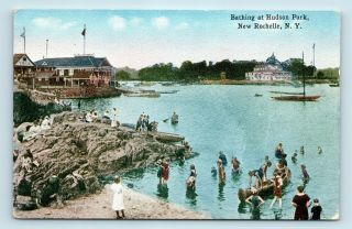 Rochelle,  Ny - Rare 1900s Hudson Park Beach Bathing - Bronx Novelty Postcard