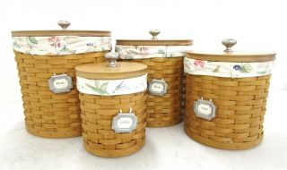 Longaberger 2005 Floral Liners Basket & Clear Kitchen Storage Canisters Set Of 4