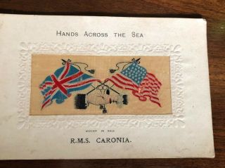 Vintage Woven Silk Postcard Rms Caronia Hands Across The Sea