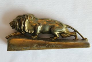 VINTAGE BRASS LION ADVERTISING PAPER WEIGHT - HENNINGER FUNERAL HOME READING PA. 5