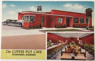 Sylacauga Al The Coffee Pot Cafe Indoor/outdoor Views Old Autos Linen Postcard