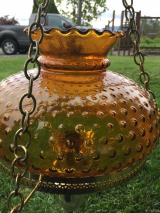 Vintage Hurricane Hanging Swag Lamp Hobnail Amber Colored Glass Globe Base