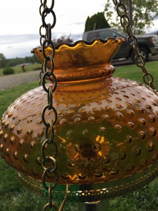 Vintage Hurricane Hanging Swag Lamp Hobnail Amber Colored Glass Globe Base 2