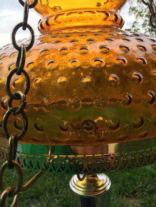 Vintage Hurricane Hanging Swag Lamp Hobnail Amber Colored Glass Globe Base 3